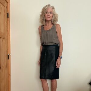 Elegant Dark Grey and Black Pencil Skirt with Black Leather Panel